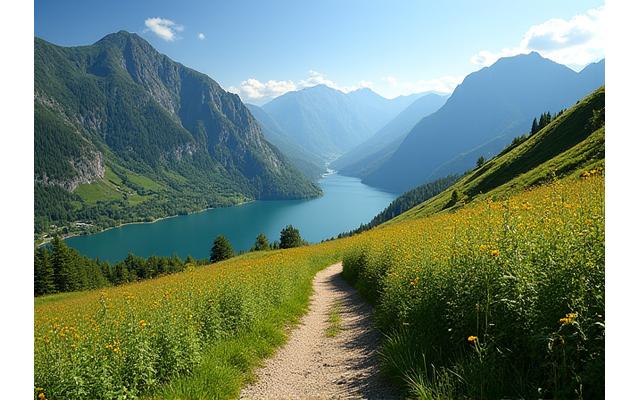 Image d'un paysage de montagne verdoyant avec un sentier, Massif Central, représentant le tourisme durable.